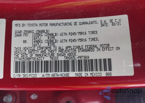 2021 Toyota Tacoma Sr5 z USA, uszkodzony, nr VIN 3TYAX5GN0MT016317
